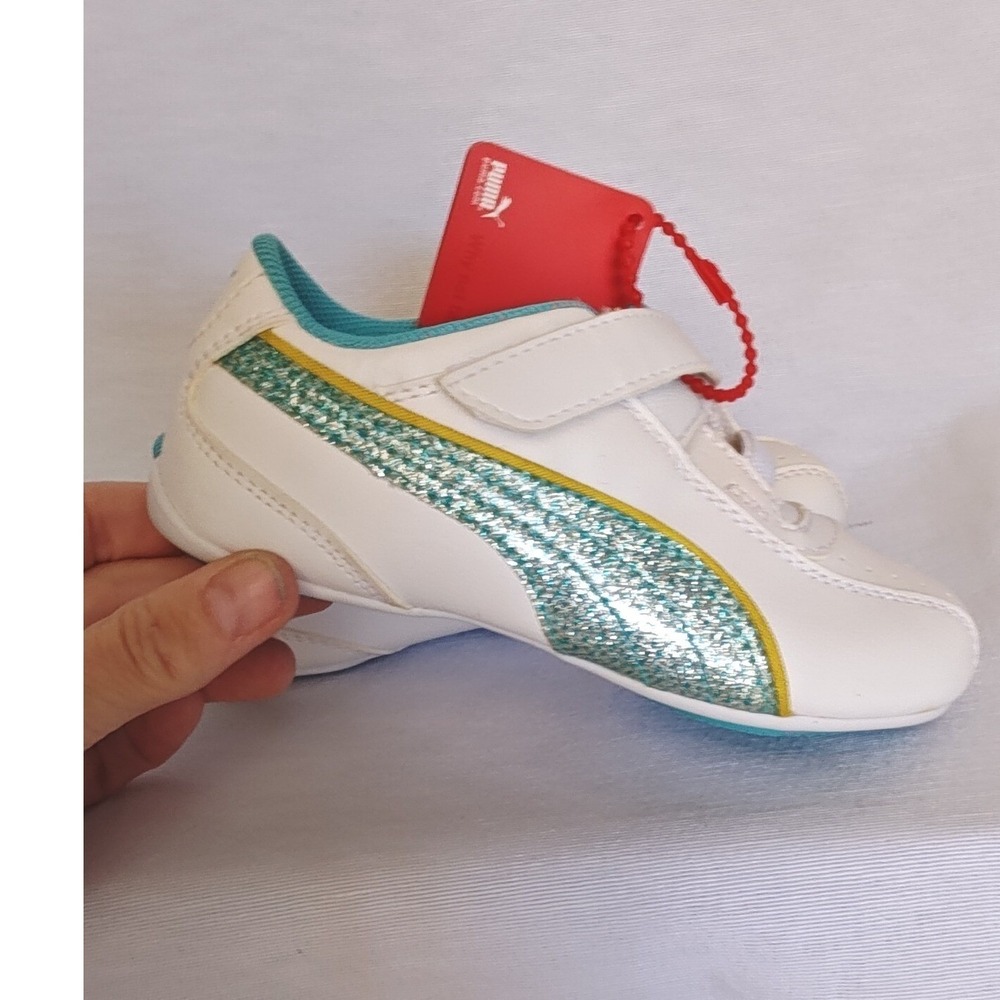 Puma Tallula Glamm V Ki Sneakers White Blue Curacao Aurora Sparkle Kids 10.5 New